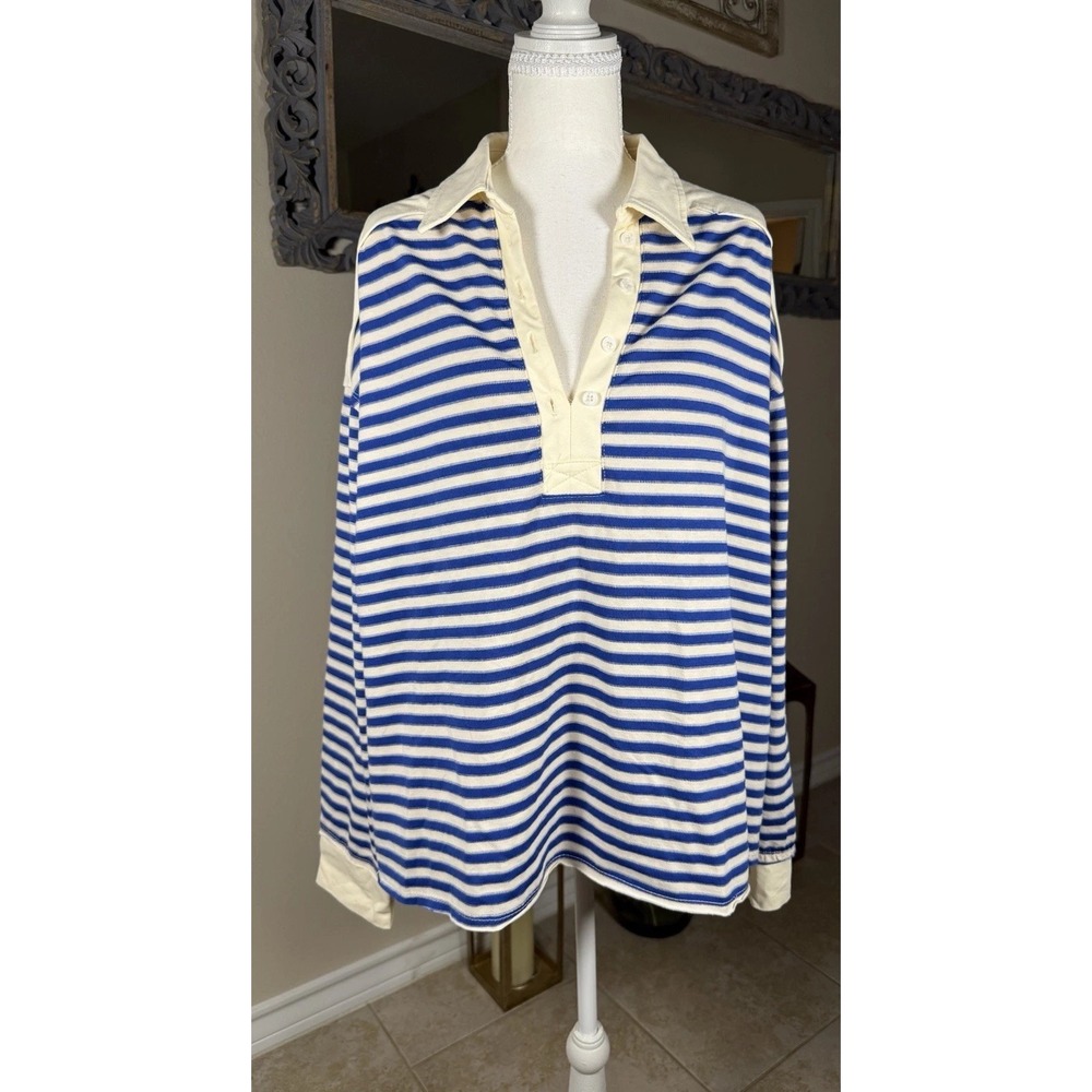 Altar'd State Blue White Striped Polo‎ Shirt Oversized Long Sleeve Sz L